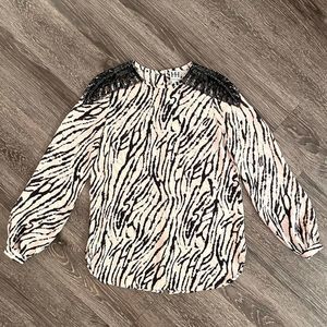 Haute Hippie Long-Sleeve Embellished Blouse Buff/Black NWOT